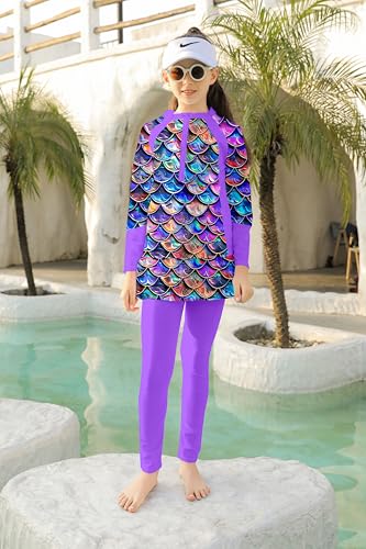 Image of Girls Long Sleeve Rashguard Half Zip Swimsuits UPF 50+ Two Piece Swim Sets with Hairband 5-12Y | Two Piece Swim Sets with Hairband