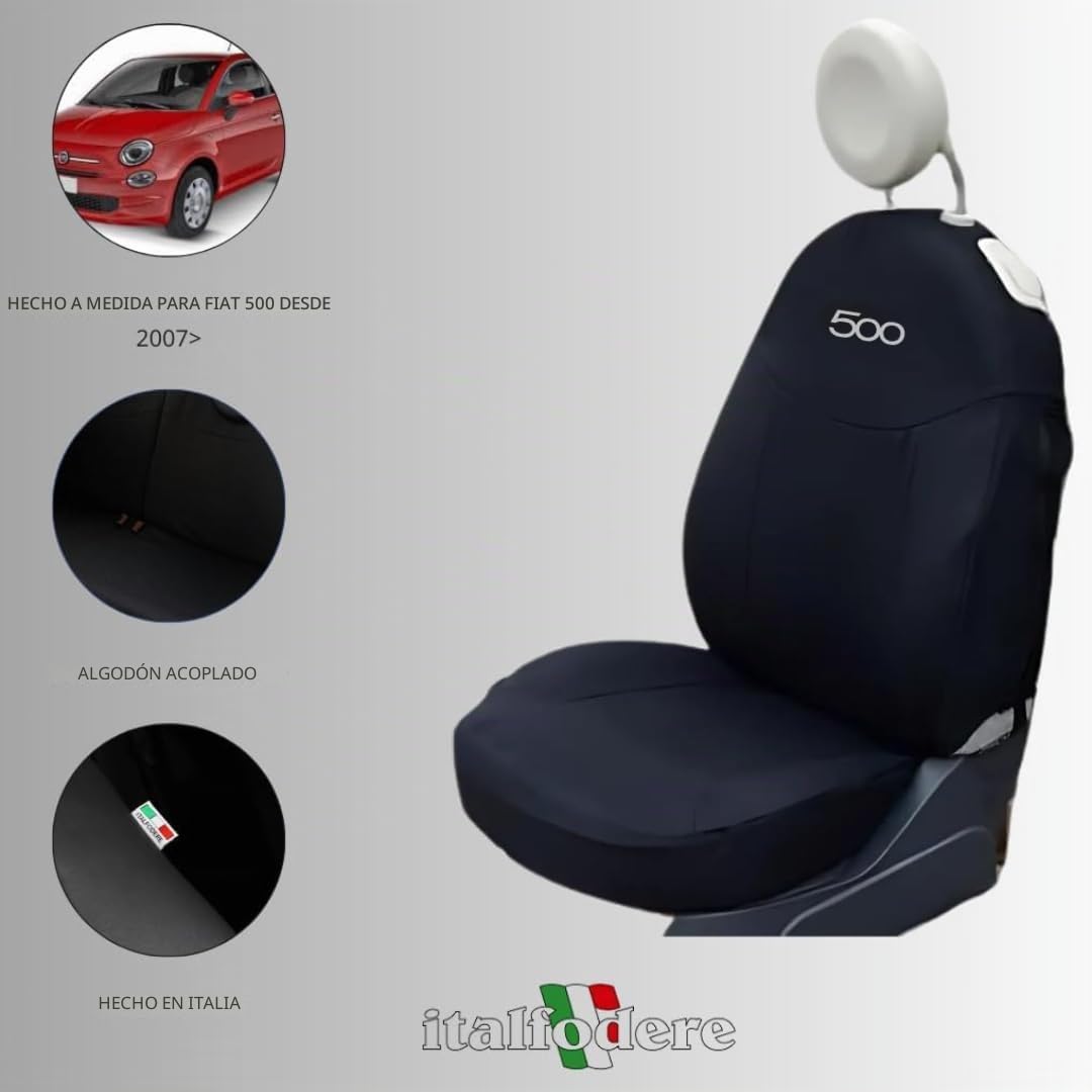 Italfodere - Fundas para Asientos de Coche Delanteros y Traseros - Compatibles con Fiat 500 - Hechas a Mano - Algodón - Espuma de Goma - Poliéster - Accesorios para Interior de Coche - Fabricado en