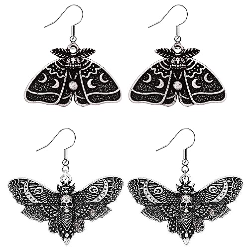2 Pairs Goth Butterfly Dangle Earrings Luna Moth Earrings Crescent Moon Star Drop Earrings Punk Skull Pendant Earrings for Women - Silver