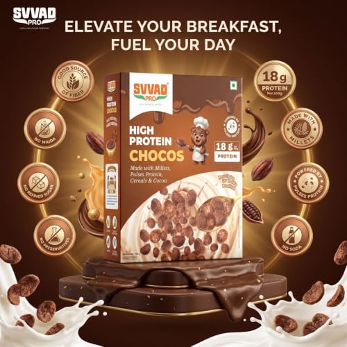 Image of SVVAD PRO High Protein Chocos Cereal | Made with Millets, Cocoa & Pulses Protein | 18g Protein per 100g | Healthy Breakfast Snacks for Kids & Adults | Gluten-Free, No Maida Crunchy Choco Bites, 350g (Pack Of 2)