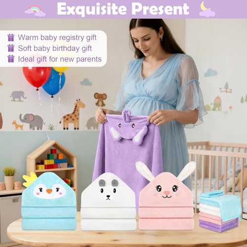 Image of 12 PCS Baby Towels Set, Baby Bath Towels for Toddlers Newborn Essentials | Super Thick Absorbent, Animal Hooded, Soft Cozy, 4 Baby Towels & 8 Washcloths for Girl Boy (Penguin, Elephant, Rabbit, Bear)