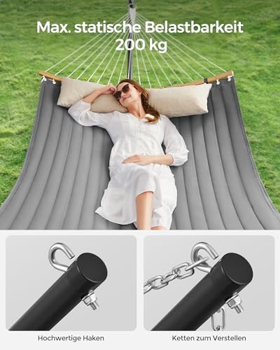 SONGMICS Hängematte mit Gestell, Hängemattengestell aus Metall, Doppelhaltestange, mit Kissen, bis 200 kg belastbar, Garten, schwarzes Gestell und graue Hängematte GHS002G01 5