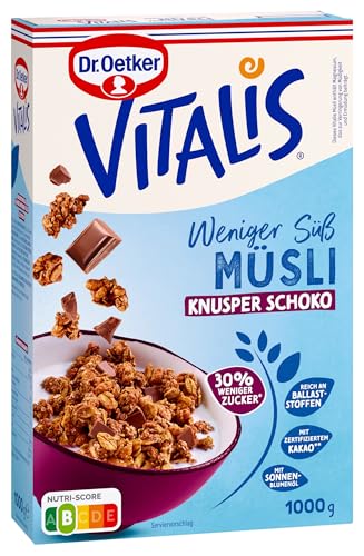 Dr. Oetker Vitalis Weniger Süß Müsli Knusper Schoko Großpackung 4er Pack Knuspermüsli mit Haferflocken Vollmilchschokolade und Crispies 4 x 1000 g Schokomüsli mit weniger Zucker