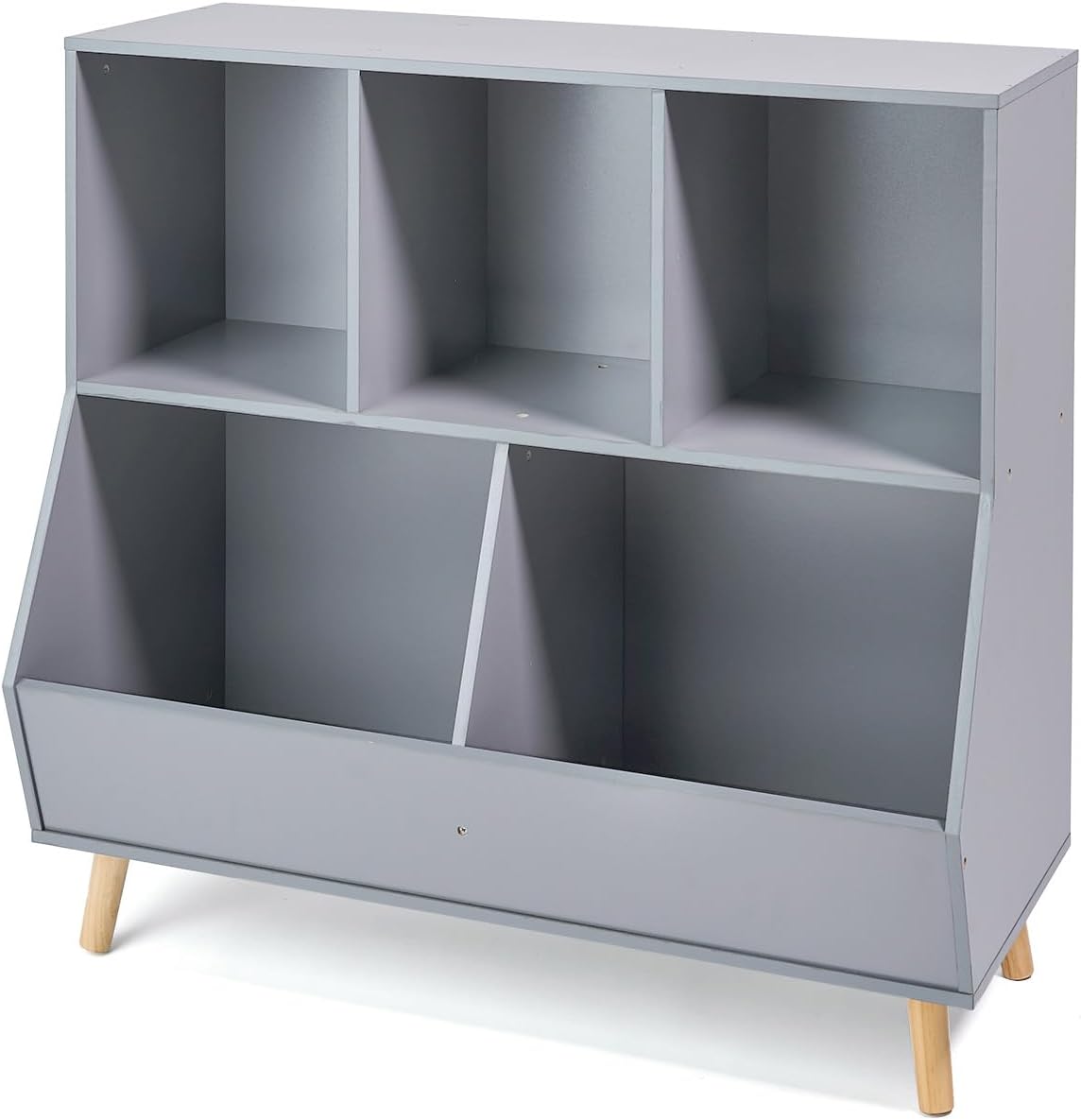 Gray Wooden 5-Bin Kids Toy Storage Organizer with Feet
