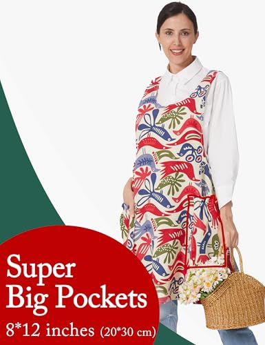 Image of Cozy Adjustable Cross Back Aprons for Women with Pockets Cotton Linen Cooking Kitchen Baking