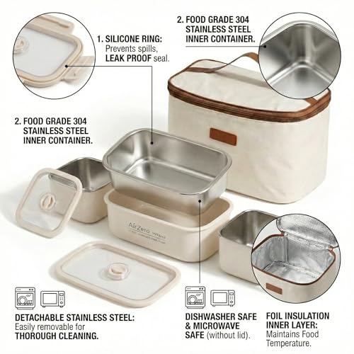 Image of Lunch Box Stainless Steel Leakproof Insulated Tiffin Box with Thermal Bag, 2750ML Large Capacity 3-Container Meal Prep Lunch Box for Office School Travel, Beige