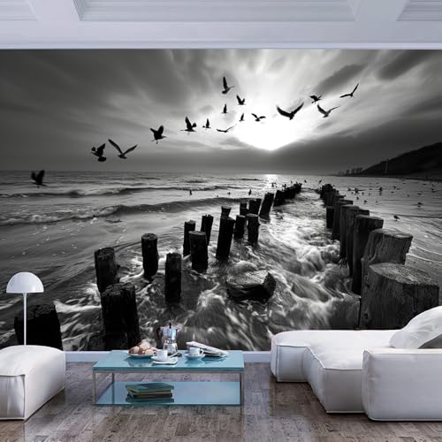Papel tapiz fotográfico 3D Paisaje de puente costero blanco y negro con mar Papel pintado creativo DIY arte de la pared mural para sala estar comedor dormitorio decoración Imprimir foto