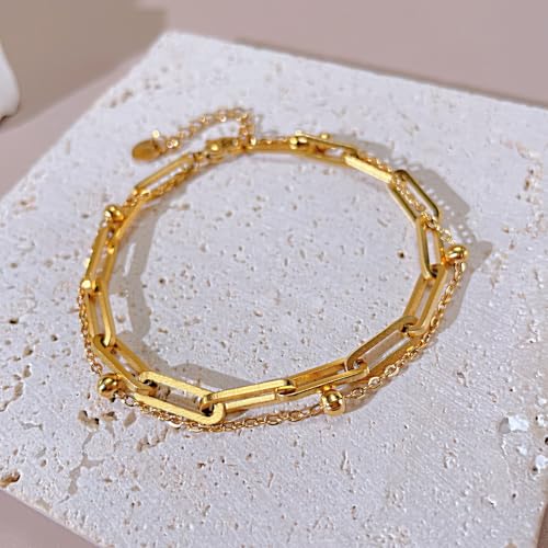 Fashion Simple Stainless Steel Rectangle Shape Double Layer Adjustable Link Chain Bracelet3