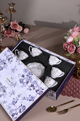 Image of Vigneto Floral Flower Bed Cup and Saucer Set (Vintage Collection) for Tea /Coffee /Hot Drinks | Set of 6 Cup & 6 Saucers, 210 ML | Finest Premium Porcelain | Scratch Resistant | Chip Resistant