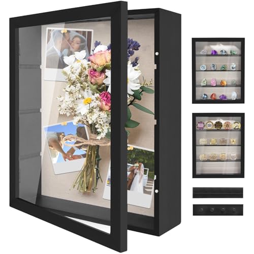 YEPOTUE Shadow Box Display Case 11x14, Deep Shadow Box Picture Frame with Linen Back and Removable Shelves, Wooden Memory Box for Wedding Bouquet, Photos, Medals, Keepsakes (Black)