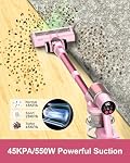 Nettoyant à vide sans fil rose, 550W 45KPA Turbo-aspiration, 60 Mins Runtime, auto-portant avec LED Affichage, Brosse anti-angle, Nettoyeur à vide pour plancher de bois franc, Tapis, Cheveux d'animaux