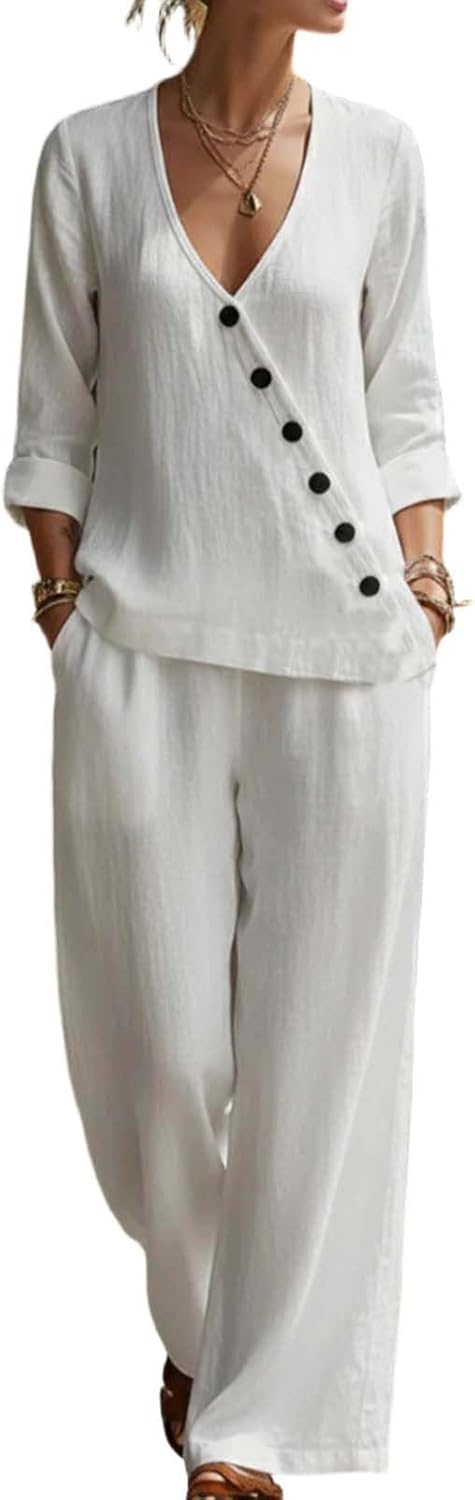 Women's Casual Linen V Neck Asymmetrical Button Top and Wide Leg Pants Comfort Set Casual Matching Clothing Sets