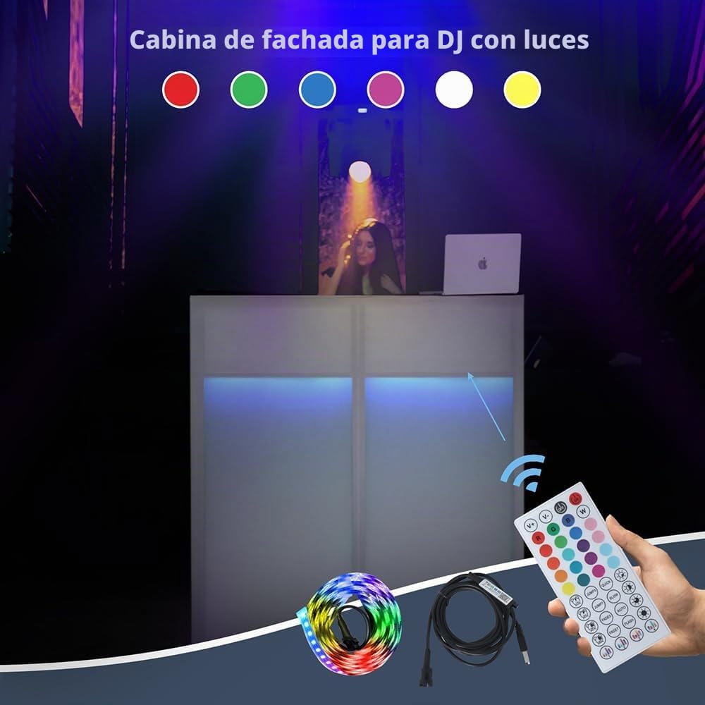 SMONTER Mesa portátil de DJ con barra de luces y control remoto - Cabina de DJ con pasacables, dobles esquinas superiores, marco de metal, pantallas negras y blancas, 5 pies ajustables y bolsa de