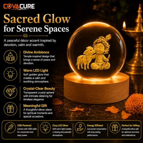 Image of COVACURE 3D Little Krishna Idol Crystal Ball Night Lamp, 2.4 Inch Bal Roop Idol Laddu Gopal Lord Krishna Crystal Ball Night Light for Home & Office Desk Decor, Birthday Gift, Spiritual Showpiece