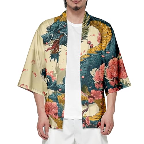Image of DOSLAVIDA Men's Japanese Kimono Cardigan Suit Chinese Style Printed Jacket Pants Set Open Front Seven Sleeve Top & Shorts