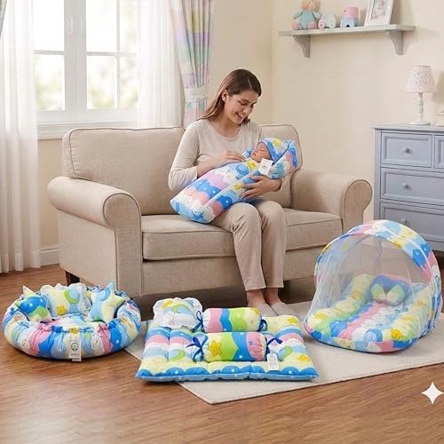 Image of Fareto Combo of Baby Nest | Net with Bed | Carry Bag | 4 Pcs Bedding Set(0-6 Months) (Fullset Nest) (New Star Blue)