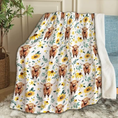 Ottoy Highland Cow Sunflowers Blanket Gifts Plush Fuzzy Cozy Soft Lightweight Blankets for Couch Air-Conditioning Quilts Decor Blanket for Chirstmas Gifts 80