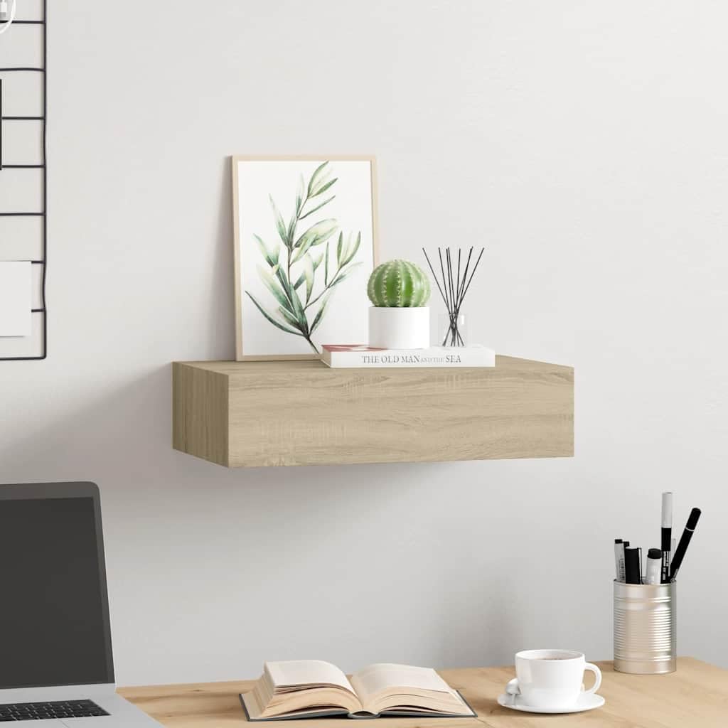Estantería de pared con cajón, 40 x 23,5 x 10 cm, madera de roble maciza, MDF y metal, pequeño estante flotante para baño, cocina, salón, pasillo