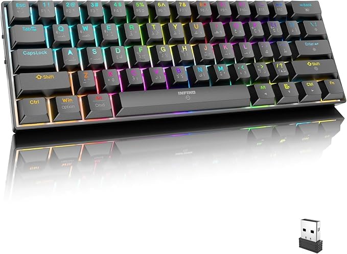 infino Wireless Bluetooth Tri-Mode Mechanical Keyboard with Arabic Layout 61-Key RGB Backlit Brown Switch Multi-Platform Support for Windows/Mac/Linux/Tablet Rechargeable Gaming Keyboard