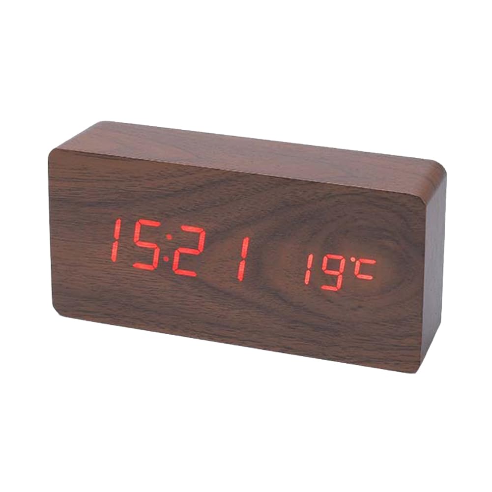 CTRLZS Wooden Digital Alarm Clock, LED Alarm Clock with Temperature Desk Clocks for, Bedside Clock Dark Wood