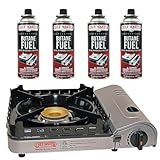 Chef Master 15,000 BTU Butane Portable Camp Stove + 4x 8oz Butane Canisters | Double Wind-Guard Portable Stove Burner w/Piezo Ignition for Emergencies, Tailgating, Hiking & Camping Essentials - 90019