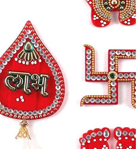 Itiha Shubh Labh Hindu Swastika Lakshmi Feet Door decoration/Door Hanging/Diwali Decoration - 3 inches, Red, Green - Image 4