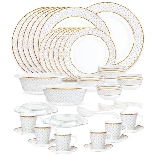 Image of Larah by Borosil 49pc Opalware Kosmia Dinner Set for Family of 6 | Microwave & Dishwasher Safe Crockery Set for Dining & Gifting | Plates & Bowls