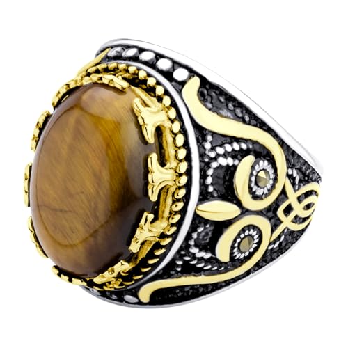 555Jewelry Solid Stainless Steel Gold Silver Rings for Men Turquoise Green Tiger Eye Ring Vintage Mens Rings Pinky Large Onyx Biker Signet Ring for Men US Size 8-13