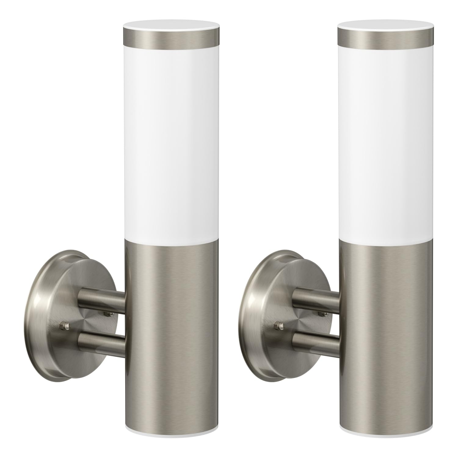 ledscom.de 2 apliques PORU para exterior, IP44, acero inoxidable, acero inoxidable mate, redondos, 1x E27 máx. 40 W