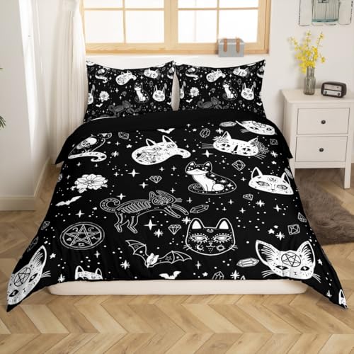 Cat Skeleton Duvet Cover Set King Size Halloween Theme Gothic Bedding Set for Kids Teens Room Decor Galaxy Starry Comforter Cover Pet Animals Flower Quilt Cover,2 Pillowcases,No Comforter