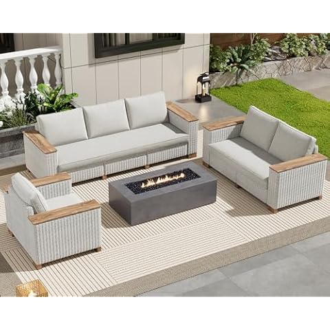PaPaJet Patio Furniture Set, 6 Piece Modular Rattan Outdoor Sectional Set with Washable Cushions for Lawn Backyard Garden, Beige Cover