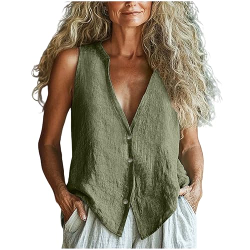 Womens Linen Vests Shirts Trendy Summer Casual Button Down Tank Tops Plain Lightweight V-Neck Sleeveless Shirt