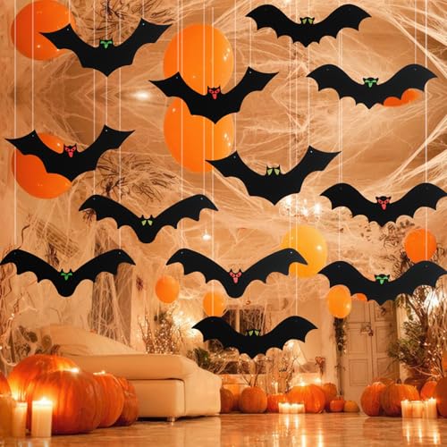 12PCS Bats Halloween Decorations Black Halloween Hanging Bats/Flying Bat Decorations with Glowing Eyes for Halloween Decor Outdoor Yard Party