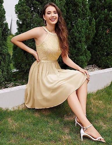 Image of Dressystar Women's Short Sequin Chiffon Halter Homecoming Cocktail Party Dress SQ88 Champagne M