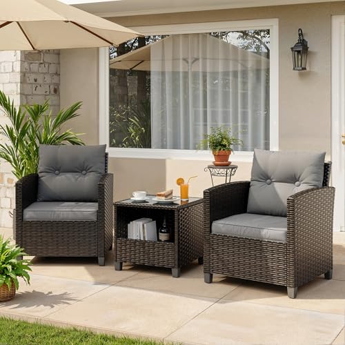 UDPATIO 3-Teiliges Rattan Gartenmöbel Set für 2 Personen, Balkonmöbel Set mit 2 Sesseln & Kaffeetisch, Outdoor Lounge Gartenmöbel Set für Garten, Poolbereich, Balkon & Terrasse (Braun+Schwarz)
