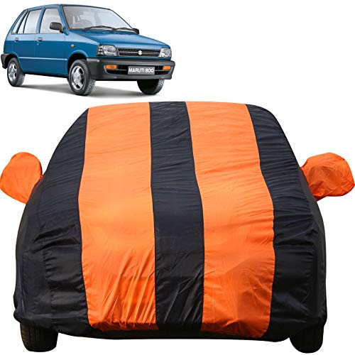 Image of Autofact Car Body Cover for Maruti Car 800 (Mirror Pocket, Premium Fabric, Triple Stiched, Fully Elastic, Orange /Blue Color)