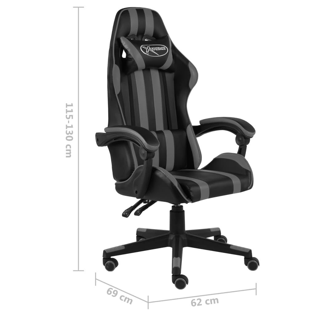 Silla de gaming, color negro y gris, piel sintética, giratoria 360°, altura regulable, con reposacabezas y cojín lumbar, ergonómica, para oficina y juegos, cómodo asiento