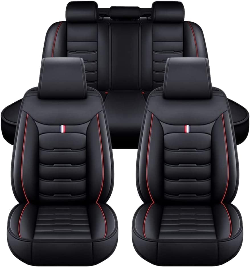 Set Lederen Autostoelhoezen Volledig Set voor Toyota RAV4 (2004-2005), Lederen Autostoelbeschermers, Lederen Autostoelhoezen Waterdichte Zachte Autostoel,Black-red