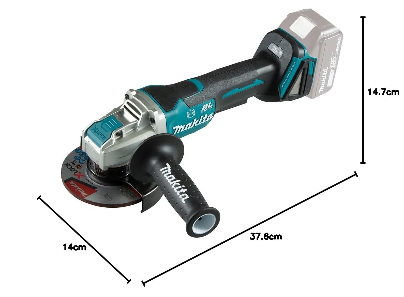 Makita DGA520ZX1 Akumulatorowa Szlifierka Kątowa 18 V z Wyłącznikiem Wiosła, Bez Akumulatora, bez Ładowarki, Benzyna
