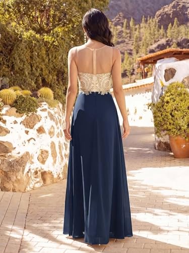 Robe de soirée longue mousseline bleu marine taille empire 620 S