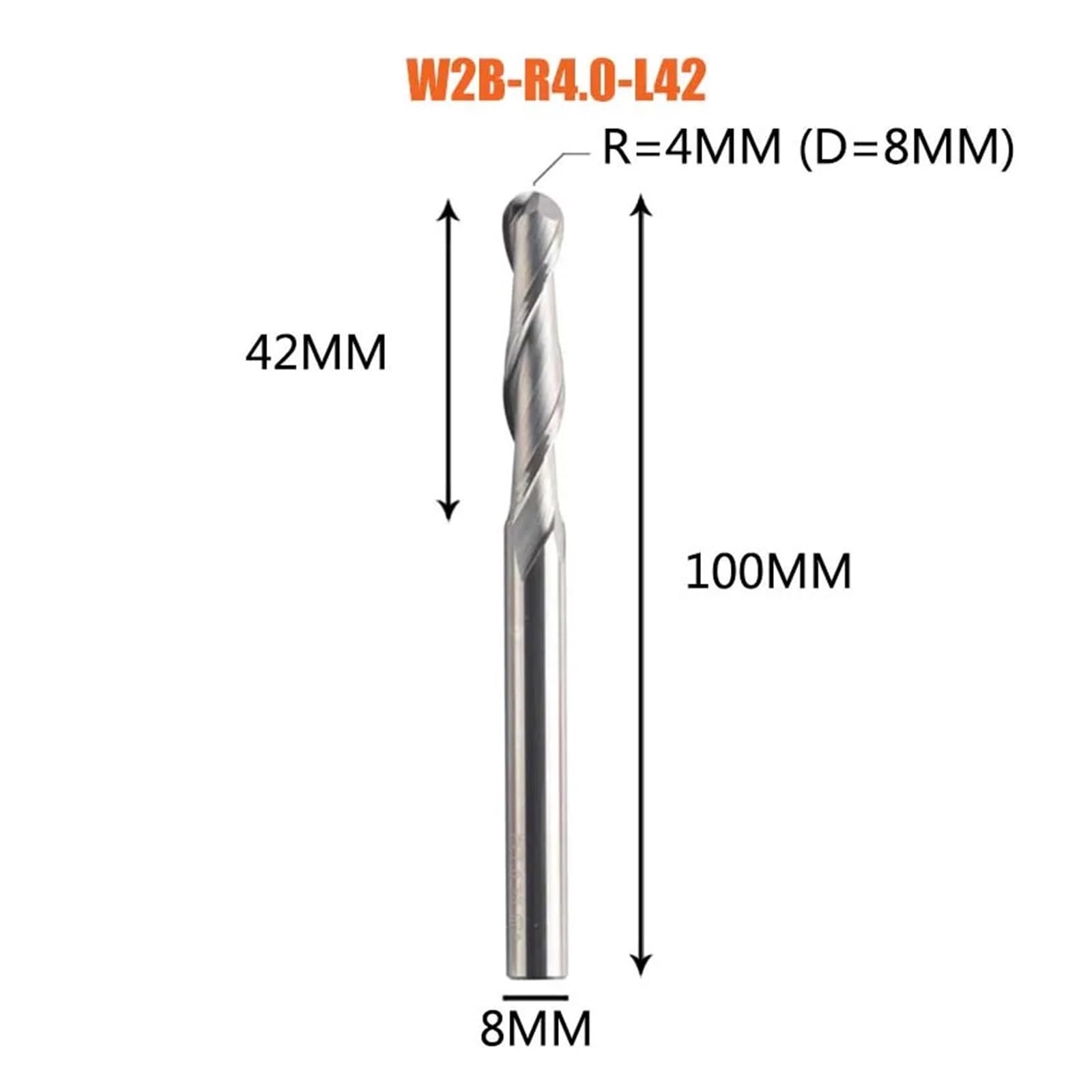 Fresa De Punta Bola Carburo W2B, 2 Flautas, Enrutadora R0.5-R6.0 for Madera, 1 Ud