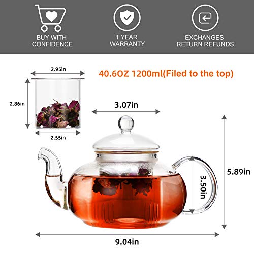 CnGlass Tetera de vidrio apta para estufa, tetera transparente con infusor extraíble de 40,6 oz/1200ml, hojas sueltas y… - Imagen 3