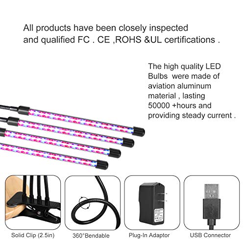 Grow Light for Indoor Plants LED Lamp Bulbs with Red Blue Full Spectrum with 3/9/12H Timer 9 Dimmable Lightness Clip-On Desk Led Plant Growing Lamps 4 Switch Modes with AC Adapter (4head) - Thumbnail 3