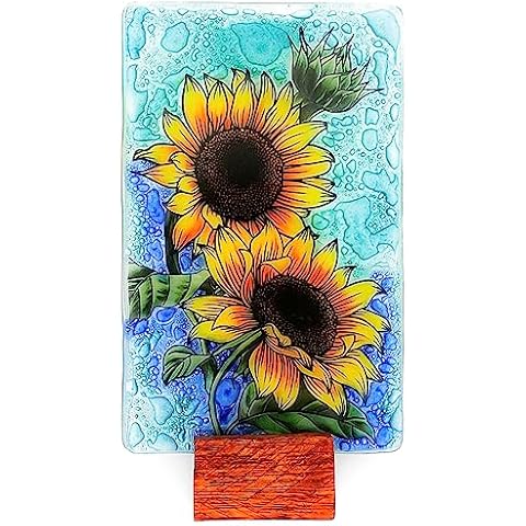 Bolla Glass Art - Sunflower Ornament Desk, Fused Glass with Wood Stand, 2.45x4.35 inches, Office or Shelf Decoration Cover