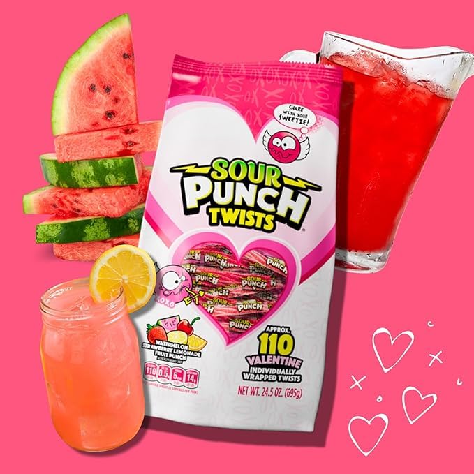 Miniatura 4 de Sour Punch Twists Strawberry Lemonade Fruit Punch Sandía Bolsa de 24.5 oz Pajitas de San Valentín Embalaje Individual