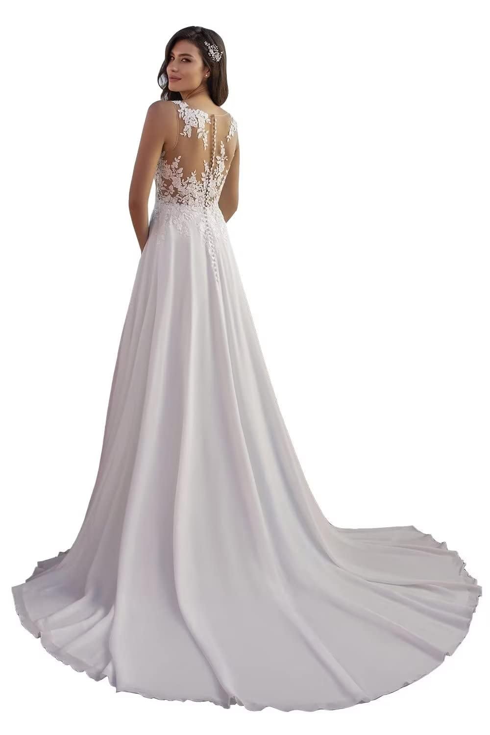 Abito da Sposa Abiti da Sposa Manica Lunga Scollatura a V Ufficio Civile Moda Sposa Abiti da Sposa, Bianco 14, 34