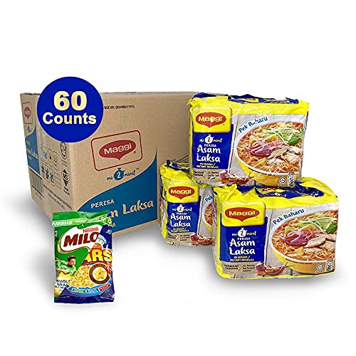 Maggie 60-Pack ASAM LAKSA Spicy & Sour Instant Noodles and 1-Pack Nestle Cereal Snack Bundle (Milo or Koko Krunch or Honey Star, 30 g) - Nestle Maggi Mee Malaysian Spicy Noodle - 2 Minute Chili Curry Ramen Soup - Halal (78g x 60 counts)