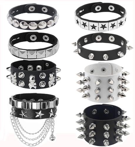 8Pcs Spiked Studded Bracelet - Black Punk Studded Bracelets, Men Women Rivet Punk Bracelet Wristband Cuff Wrap Bangle