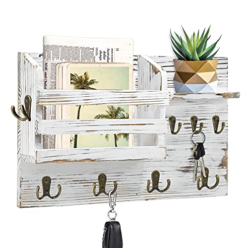 Wood Mail Holder Wall Mounted with Key Hooks, Rustic Key Holder for Wall Decorative, Rustic Wall Mounted Mail Organizer with 8 Key Hooks and 1 Mail Sorter, Rustic Wood Mail Sorter Key Holder