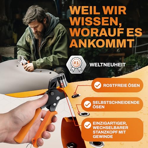 CRAFTUS® Alpha Ösenzange für Planen & Stoffe mit wechselbarem Stanzkopf [10mm] I Ösenpresse mit 200 rostfreien Edelstahl Ösen Set I Ösenzange Set mit Magnetkopf